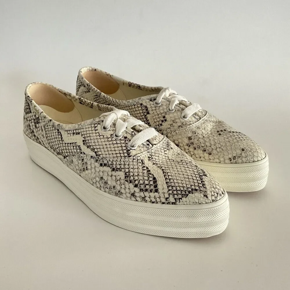 Keds Leather Platform Sneakers Snake Print Point-toe Light Beige 8
